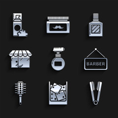 Set Cream or lotion cosmetic tube, Glass of whiskey and ice cubes, Curling iron for hair, Barbershop, Hairbrush, building, Aftershave and Shaving gel foam icon. Vector