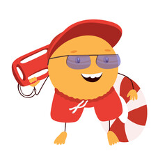 Lifeguard tangerine cartoon character isolated on white background. Vector hand drawn clip art.
