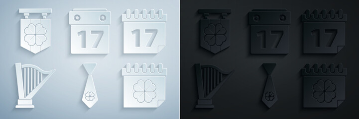 Set Tie with four leaf clover, Saint Patrick's day calendar, Harp, Patricks, and Street signboard icon. Vector