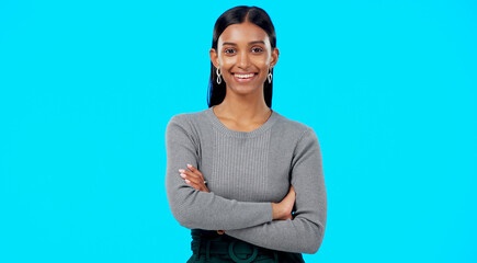 Smile, confident and portrait of businesswoman arms crossed excited, proud and isolated in a studio...