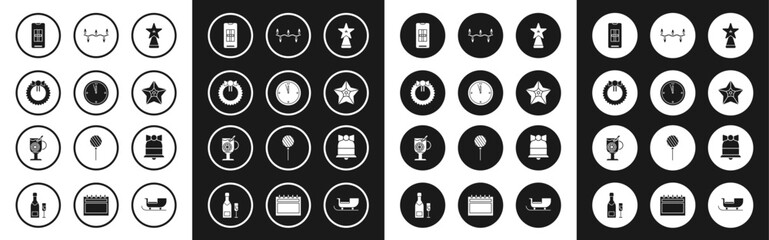 Set Christmas star, Clock, wreath, Smartphone with gift box, lights, Merry ringing bell and Mulled wine glass of drink icon. Vector