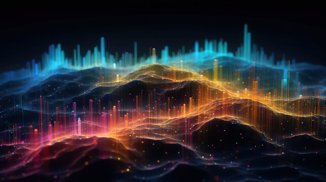Multicolor glowing data over abstract digital landscape. Based on Generative AI