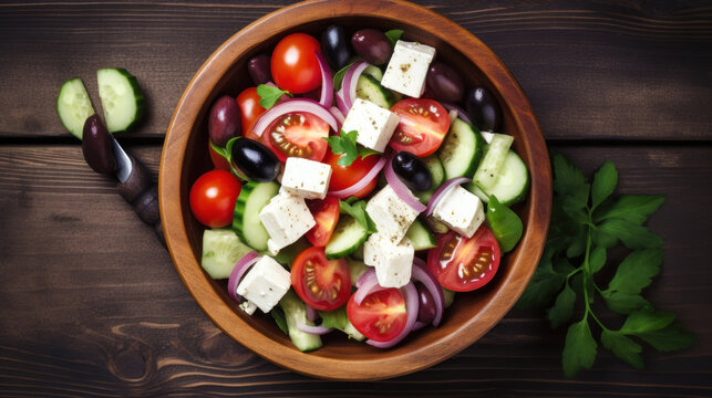 A Bowl with Greek Salad in a Rustic Setting