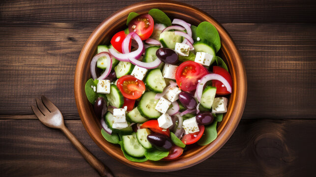 A Bowl with Greek Salad in a Rustic Setting