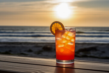 Sex on the Beach cocktail in highball glass with ice, layered vodka, peach schnapps, orange juice, cranberry juice, garnished with orange slice, wooden table, beach background. Generative AI