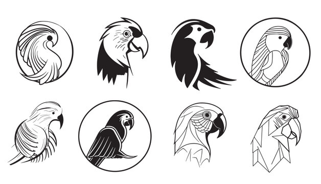 Parrot set logo hand drawn sketch illustration