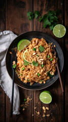 A Bowl with  Pad Thai in a Rustic Setting