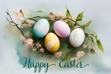 Vector greeting banner for the international holiday Easter, watercolor illustration of a multi-colored egg against the background of blooming spring nature