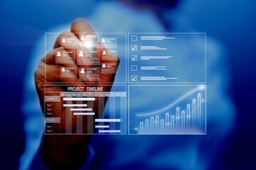 Business data management system concept background. Business person working on computer updating...