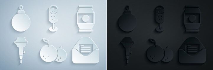 Set Tangerine, Beer can, Microphone, Christmas party invitation card, Glass of champagne and ball icon. Vector