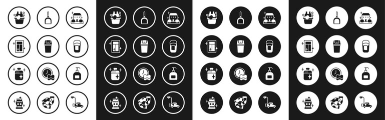 Set Home cleaning service, Trash can, Cleaning for window, Basin with soap suds, Bucket rag, Dustpan, Bottle of liquid and cooking pot icon. Vector