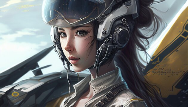 Wearing a pilot's helmet, detailed eyes, a slim figure, smile,Warframe,Big Close-Up(BCU),The future of science and technology, the beautiful girl, fighter pilots, standing in front of the plane