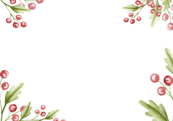 Twig with red berries, watercolor drawing. Frame, border, background. Stylized pink berries, twig with leaves. Design for packaging, postcard, holiday