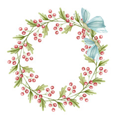 Twig with red berries, watercolor drawing. Frame, border, background. Stylized pink berries, twig with leaves. Design for packaging, postcard, holiday