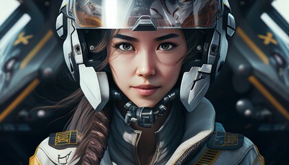 Wearing a pilot's helmet, detailed eyes, a slim figure, smile,Warframe,Big Close-Up(BCU),The future of science and technology, the beautiful girl, fighter pilots, standing in front of the plane