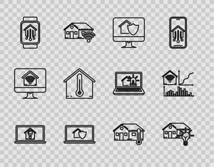 Set line Laptop with smart house and light bulb, Smart, Computer monitor under protection, home watch, House temperature, and wi-fi icon. Vector