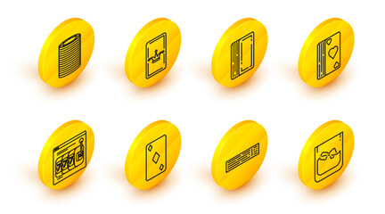 Set line Glass of whiskey and ice cubes, Deck playing cards, Playing with diamonds symbol, Online slot machine lucky sevens jackpot, Joker and Casino chips icon. Vector