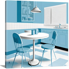 Illustration of blue chairs and table in a blue kitchen, in memphis style, Generative AI