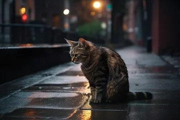 Foto op Canvas Streunende, nasse Katze schleicht über das nasse Kopfsteinpflaster in der beleuchteten Stadt. (Generative AI) © lichtblitze