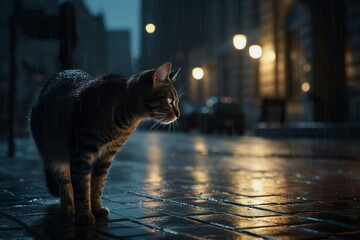 Streunende, nasse Katze schleicht über das nasse Kopfsteinpflaster in der beleuchteten Stadt. (Generative AI)