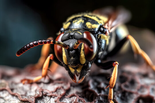 A Close-up macro photography of a vivid colored insect reveals its many intricate details. - generative ai