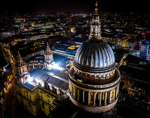 Aerial night view of St Paul's Cathedral, an Anglican cathedral on Ludgate Hill in London