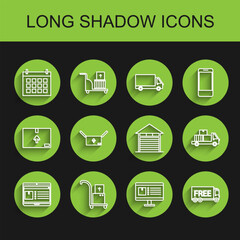 Set line Laptop with app delivery tracking, Hand truck and boxes, Calendar, Computer monitor, Free service, Cardboard traffic symbol, Delivery cardboard and Closed warehouse icon. Vector