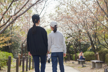春の桜満開の公園で花見している子供姉妹の姿