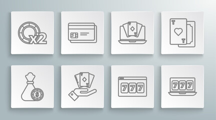 Set line Money bag and casino chips, Credit card, Hand holding deck of playing cards, Online slot machine with lucky sevens jackpot, poker table game, Playing heart and Casino icon. Vector