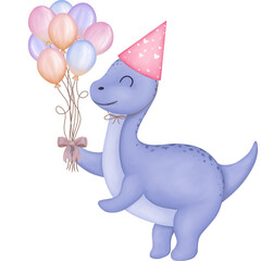 Baby purple dinosaur with balloons bunches and party hat clipart. Watercolor dinosaur birthday party illustration. Birthday party,invitation cards,nursery decoration,baby shower,etc.