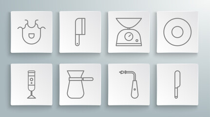 Set line Blender, Meat chopper, Coffee turk, Long electric lighter, Knife, Scales, Plate and Kitchen apron icon. Vector