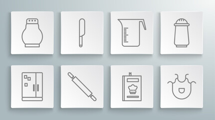 Set line Refrigerator, Knife, Rolling pin, Cookbook, Kitchen apron, Measuring cup, Salt and pepper and icon. Vector