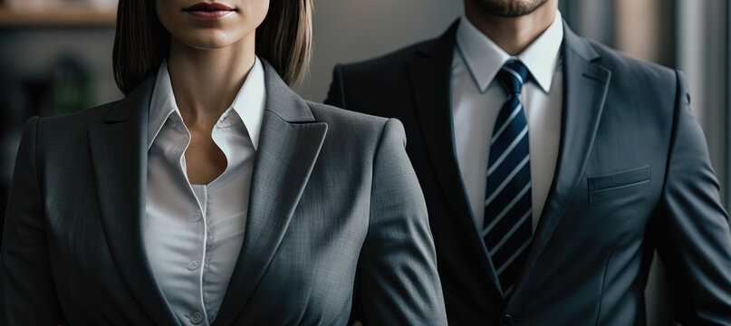 Close-up at woman and man in formal business suit uniform are standing together.  Generative Ai image.