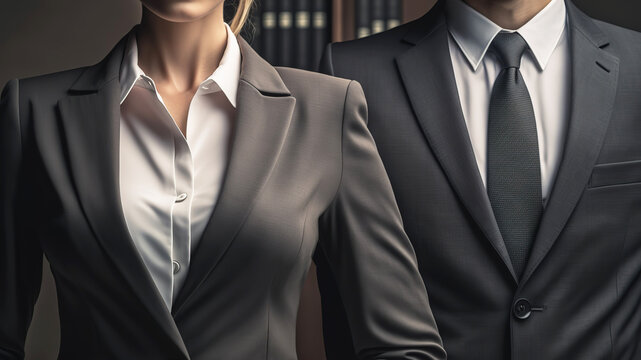 Close-up at woman and man in formal business suit uniform are standing together.  Generative Ai image.