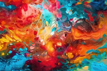 Fototapeta premium Illustration of an abstract painting with a burst of multicolored paint splatters. Generative AI