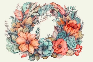 colorful wreath made up of various types of flowers. Generative AI