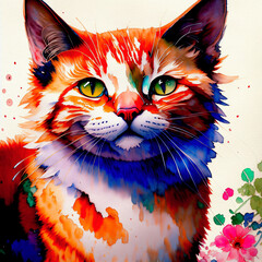watercolor art, portrait of a cat.