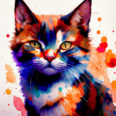 watercolor art, portrait of a cat.