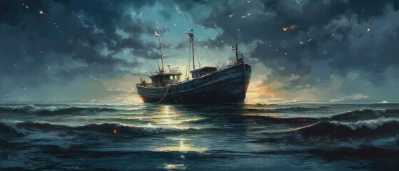 Simple life of fisherman at sea adrift in their boat near the shore at midnight, calm waves, quiet stillness, beautiful bright moonlight reflection on the ocean - generative ai