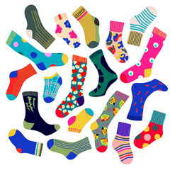Set of trendy colorful socks. Modern socks in different colors, top down view. Socks for men, women, children. Cartoon design for web and print.