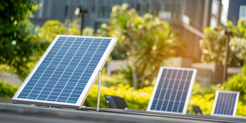 Solar Light. Public city light with solar panel powered on blue sky with clouds. Park public...