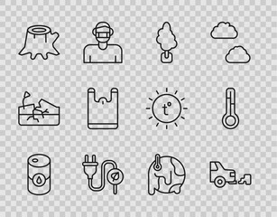 Set line Barrel oil, Car exhaust, Tree, Electric saving plug in leaf, stump, Plastic bag, Global warming and Meteorology thermometer icon. Vector