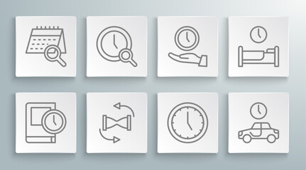 Set line Time for book, Magnifying glass with clock, Old hourglass sand, Clock, to travel, sleep and Calendar search icon. Vector