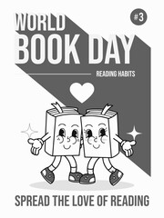 Happy World Book Day, spread the love of reading. 70s cartoon style BW