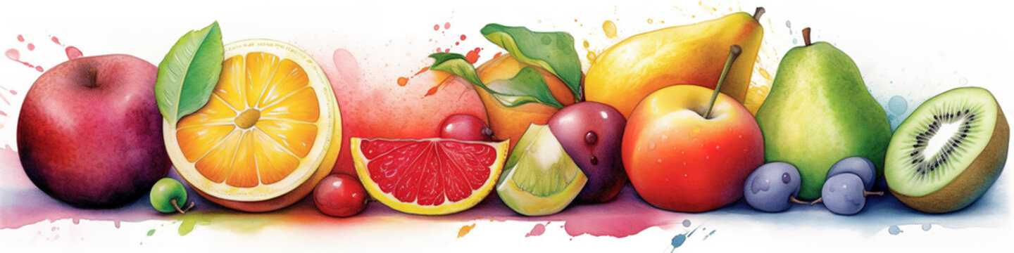 Row of whole and sliced fruits, concept watecolor banner illustration isolated on white, AI generative image