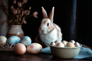 Easter holiday bunny and eggs. Generative AI.