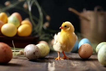Easter little chicken  and eggs. Generative AI.