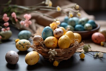 Holiday Easter eggs on the table. Generative AI.