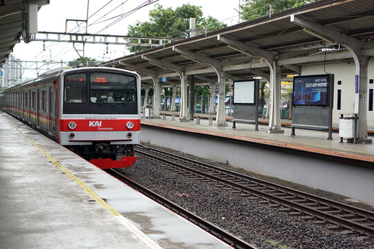 Jakarta, Indonesia. April, 2023. KRL or commonly known as Commuterline, is a commuter rail system in Jakarta and surrounding cities. KRL in Kebayoran Baru Station.                   