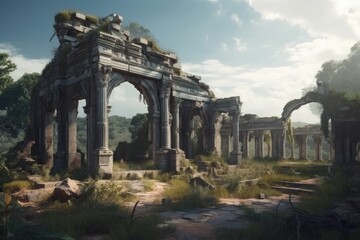 Fototapeta premium decaying structure in the heart of a dense woodland. Generative AI